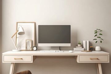 Fototapeta na wymiar Stylish Computer Setup and Clean, Minimalistic Desk: Aesthetic Office Background, generative AI
