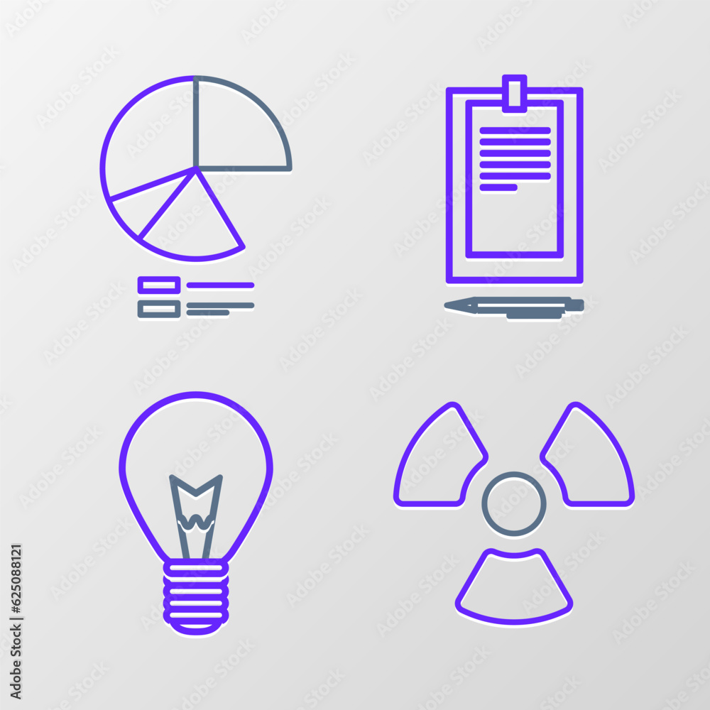 Wall mural Set line Radioactive, Light bulb with concept of idea, Clipboard document and Pie chart infographic icon. Vector