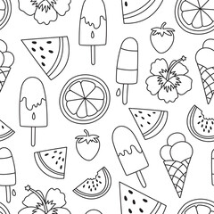 Seamless Summer Pattern, Summer Outline Pattern, Seamless Summer Background