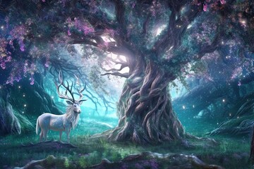 Enchanted Forest: Ancient Trees, Glowing Fireflies & Magical Unicorn, generative AI