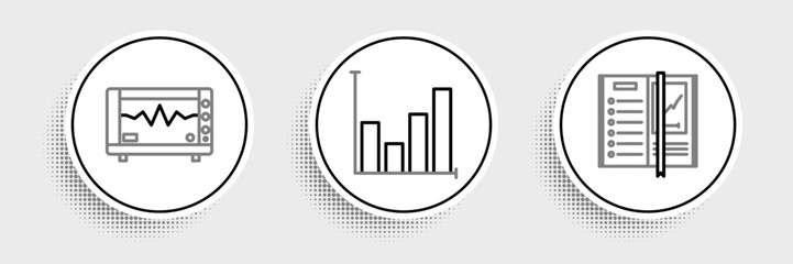 Set line Notebook, Computer monitor with cardiogram and Pie chart infographic icon. Vector