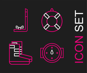 Set line Wind rose, Boots, Lifebuoy and Snorkel icon. Vector