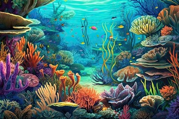 Vibrant Colors and Diverse Marine Life: Exploring an Underwater Coral Reef with Swaying Sea Plants, generative AI