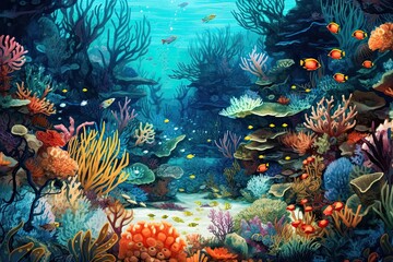 Fototapeta na wymiar Vibrant Colors and Diverse Marine Life Abound in an Underwater Coral Reef Background with Swaying Sea Anemones, generative AI