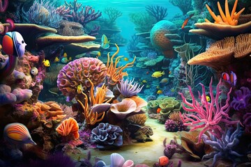 Fototapeta na wymiar Vibrant Colors and Diverse Marine Life: Exploring an Underwater Coral Reef with Swaying Sea Anemones, generative AI