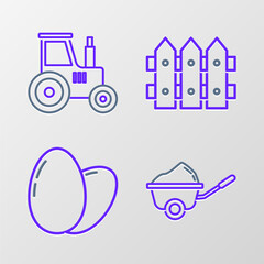 Set line Wheelbarrow with dirt, Chicken egg, Garden fence wooden and Tractor icon. Vector