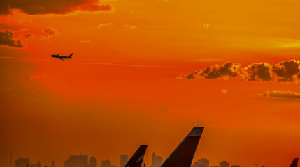 Backlit view of airplanes on the airport runway at sunset. Travel around the world concept