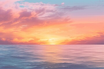 Fototapeta premium Calm Ocean Waters: Dreamy Background of Tranquil Dreamland with Soft Pastel Sunset, generative AI