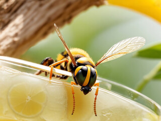 Wespenplage. Eine Wespe sitzt auf einem Limonadenglas  - 625089115