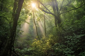 Enchanting Forest Serenity: Soft Sunlight Streaming Through Dreamy Canopy, generative AI