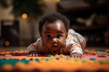 An African American infant crawling for the first time, exploring surroundings with curiosity. The background is a colorful play area. Developmental Milestones. Generative AI - obrazy, fototapety, plakaty