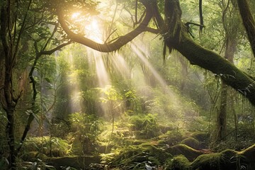 Ethereal Serenity: Dreamy Background of Soft Sunlight Streaming Through Lush Forest Canopy, generative AI