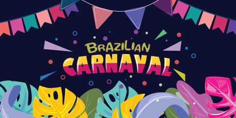 Brazilian Rio carnival party banner. National holiday poster with tropical leaves on dark purple background. 