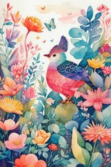 Bird and flowers garden. Watercolor stylized illustration, Generative AI