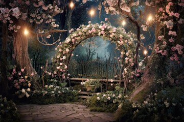 Moonlit Garden: Twinkling Fairy Lights, Delicate Blossoms, Whispers of Magic, generative AI