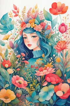 Beautiful girl and flowers garden. Watercolor stylized illustration, Generative AI