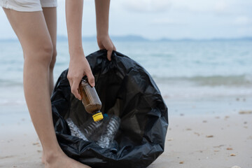 Save ocean. Volunteer pick up trash garbage at the beach and plastic bottles are difficult decompose prevent harm aquatic life. Earth, Environment, Greening planet, reduce global warming, Save world