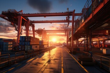 Business logistics and transportation concept of a container cargo ship and cargo with a working crane bridge in a shipyard and a sunset in the background. Generative AI