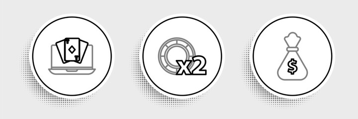 Set line Money bag, Online poker table game and Casino chips icon. Vector