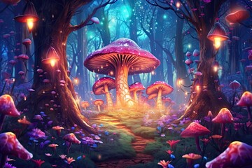 Magical Wonder: Enchanted Forest with Glowing Mushrooms and Whimsical Creatures, generative AI