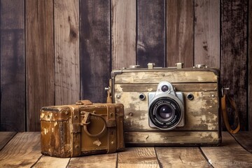 A Captivating Snapshot: Vintage Film Camera Preserving Memories on a Weathered Wooden Desk, generative AI