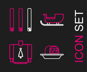 Set line Marzipan sponge cake, Christmas sweater, santa claus sleigh and Three rolled sticks of cinnamon icon. Vector