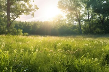 Fototapeta na wymiar Tranquil Meadow: Serene Background with Soft Sunlight and Gentle Breezes for a Serene Nature Experience, generative AI