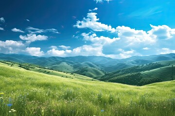 Fototapeta na wymiar Tranquil Mountain Landscape: Serene Background of Rolling Hills and Clear Blue Sky for Serenity in Nature, generative AI