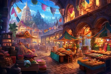 Colorful Food Market: Exotic Delicacies, Bustling Crowds, and Culinary Adventure in Urban Background, generative AI