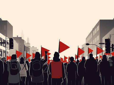 Crowd of protesters with red flags on city street, graphic illustration style