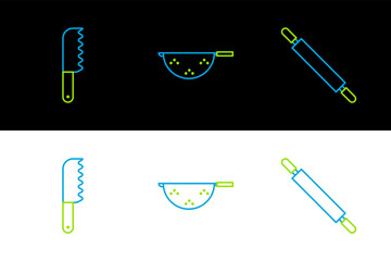 Set line Rolling pin, Bread knife and Kitchen colander icon. Vector