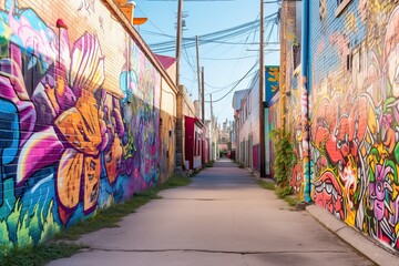 Fototapeta premium Vibrant Murals and Colorful Graffiti: Exploring an Urban Background with Street Performers and Artistic Flair, generative AI