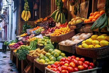 Cultural Vibrancy: A Colorful Urban Background of Vibrant Fruits and Vegetables in a Street Market, generative AI