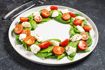 Italian caprese salad with tomatoes, mozzarella, basil, olive oil on a stone background. Italian food