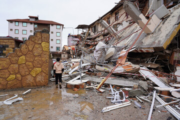 Antakya, Turkey - February 2023 Turkey Earthquake Scene: A large earthquake struck the east side of Turkey, destroying homes, buildings and facilities; many people died and lost their loved ones