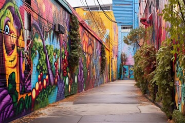 Fototapeta premium Colorful Graffiti-Adorned Alley: Vibrant Murals and Street Performers Embrace Urban Artistry, generative AI
