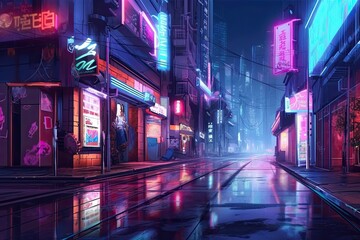 Fototapeta premium Vibrant City Street at Night: Neon Lights, Buzzing Energy & Urban Nightlife Pulse, generative AI