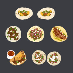 Set of Tacos. Mexican Food. Hand drawn watercolor vector illustration