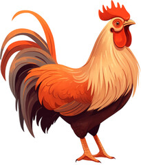 orange and brown rooster, in the style of colored cartoon style, white background