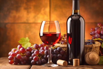 wine glass beverage winery alcohol food fresh grape bottle drink background. Generative AI.
