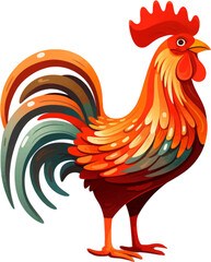 orange and brown rooster, in the style of colored cartoon style, white background
