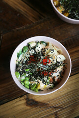 Traditional shrimp poke with seaweed
