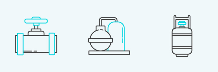 Obraz premium Set line Propane gas tank, Industry metallic pipes and valve and Oil industrial factory building icon. Vector