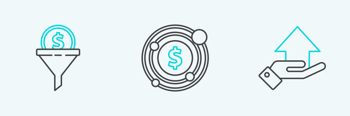 Set line Money on hand, Lead management and Target with dollar symbol icon. Vector