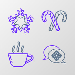 Set line Snowflake with speech bubble, Coffee cup, Christmas candy cane stripes and icon. Vector