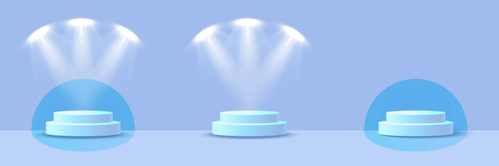 Display podium and stage with spot light. A template for presenting products, special promotions or award ceremony. A circular pedestal that is realistically illuminated by spotlights. Vector.