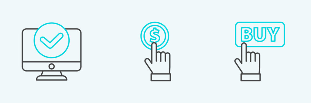 Set line Buy button, Computer monitor and Hand holding coin icon. Vector