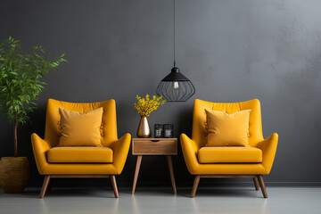 modern living room with orange sofa, Generative AI