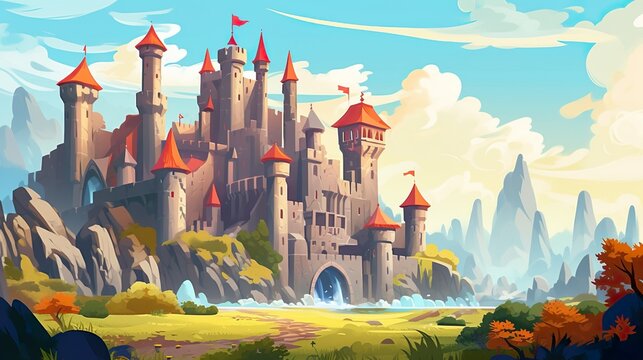 Abstract background medieval knights and castles. Creating of an enchanting banner design with a detailed illustration of a medieval castle. Generative AI.