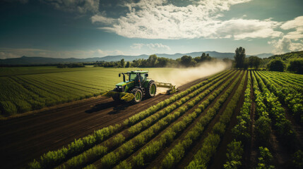 Green tractor plowing field on vineyards. Generative AI. - obrazy, fototapety, plakaty